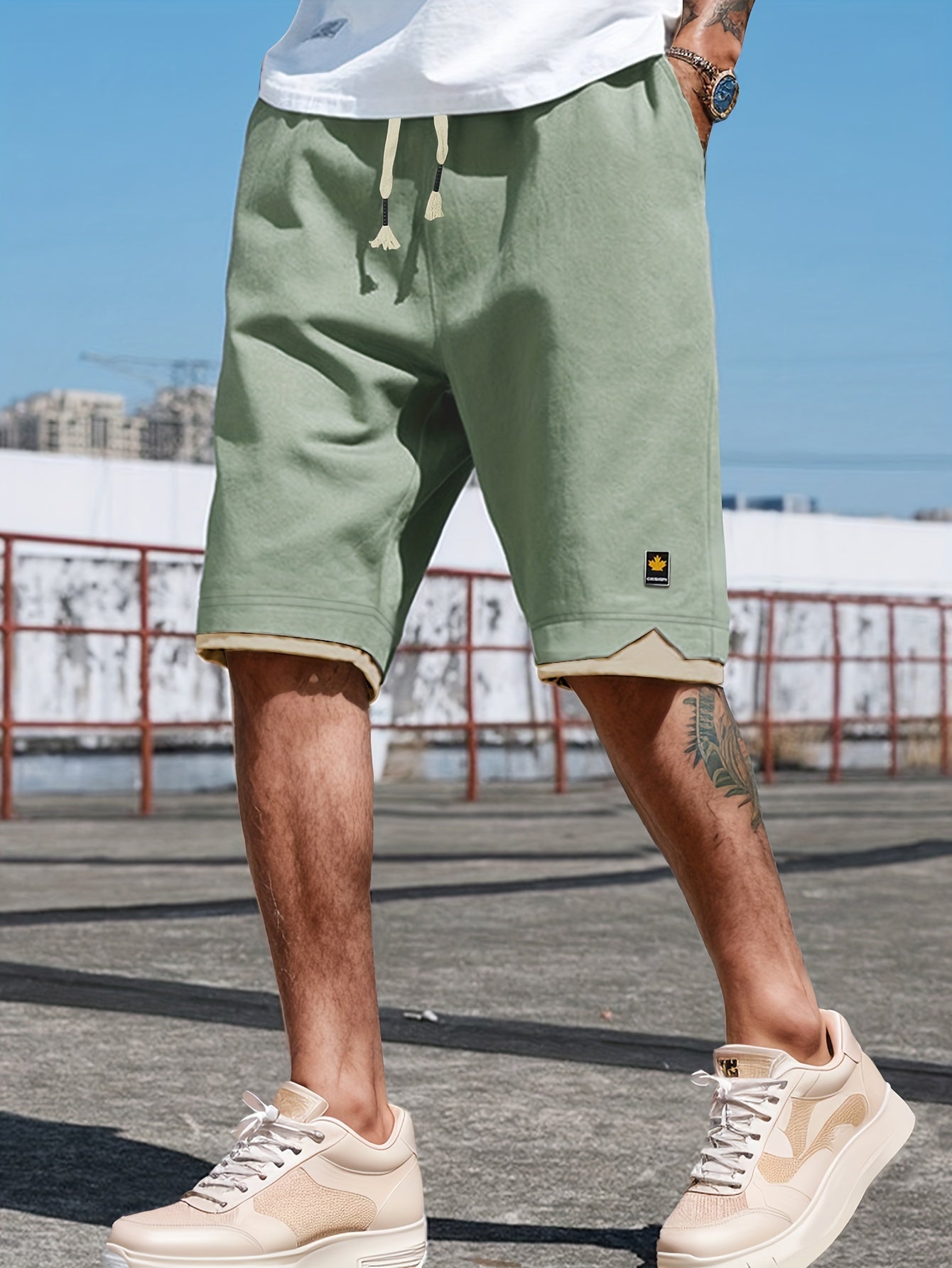 Men's Solid Shorts With Pockets, Casual Elastic Waist Fake Two-piece Drawstring Shorts For Summer