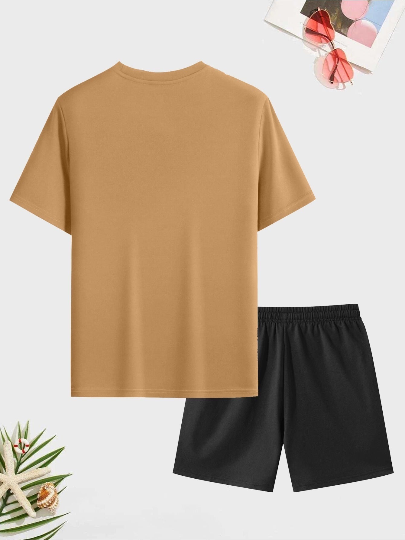 New Summer Men's Printed 2pcs Fashion Casual Suit, Round Neck Short Sleeve T-shirt and Waistband Shorts Set