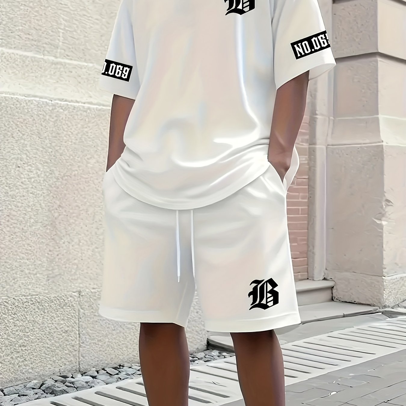 Men's Casual T-Shirt and Shorts Set with Bold "B" Print - Polyester Knit Fabric, Machine Washable, Summer Streetwear, Perfect for Outdoor Activities and Comfortable Leisure Wear