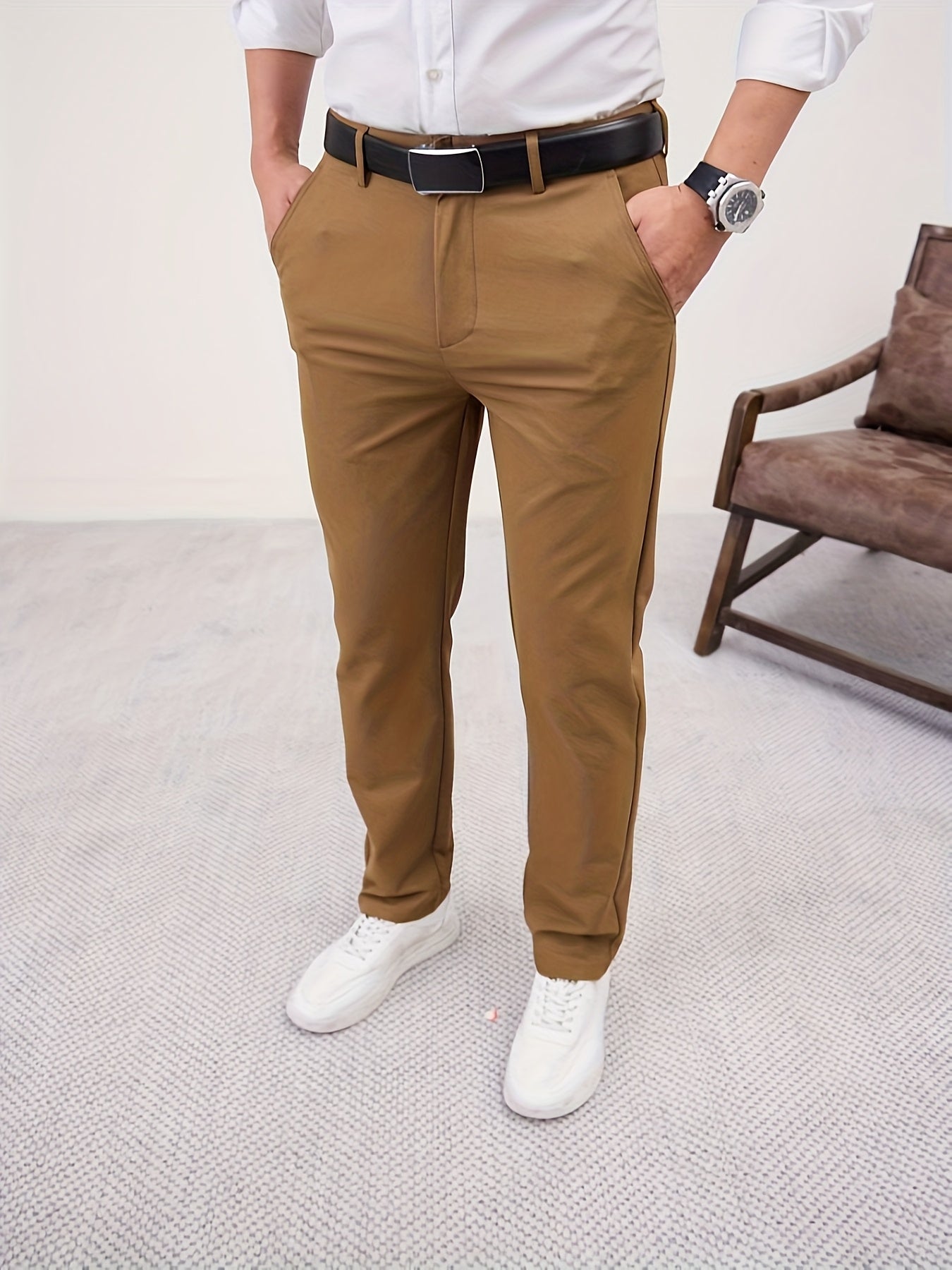 Men'S Casual Solid Color Regular Length Slight Stretch Woven Fabric Pants for Adult