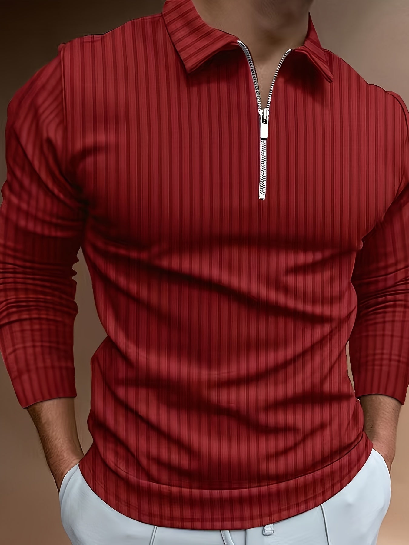 Men's Casual Sports Ribbed Long Sleeve Zipper Lapel Golf Shirt, Spring And Fall