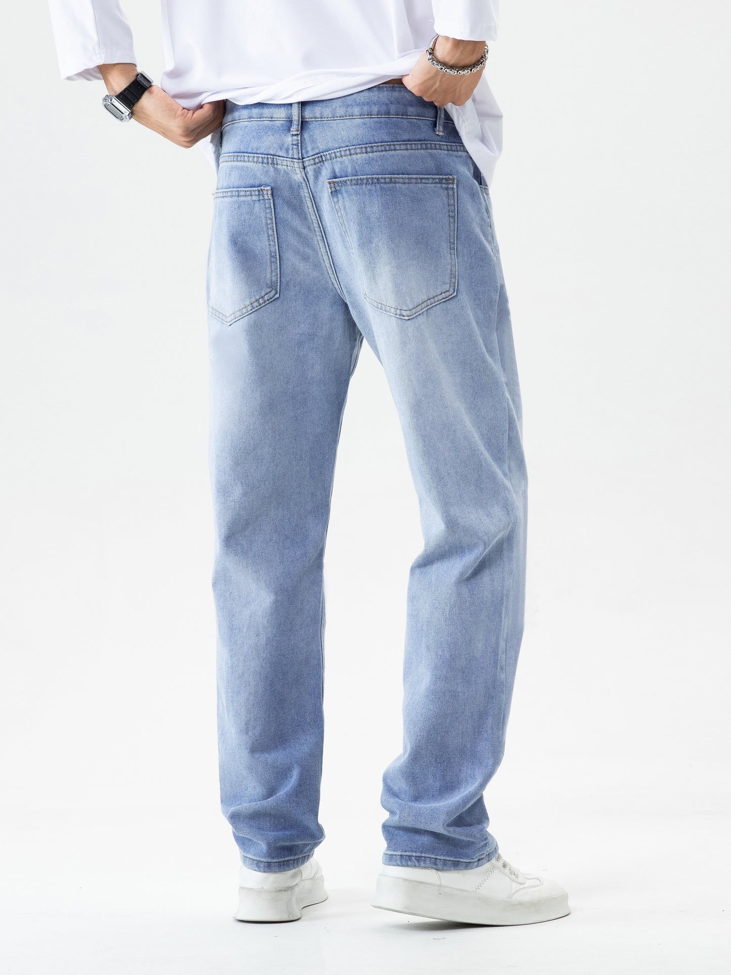 Men's Solid Denim Pants With Pockets, Stylish Cotton Blend Jeans For Outdoor Activities