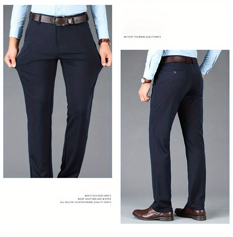 Men's Sleek Business Casual Dress Pants - Solid Black, Straight Leg, Wrinkle-Resistant Polyester Blend, All-Season Formal Trousers with Button Detail