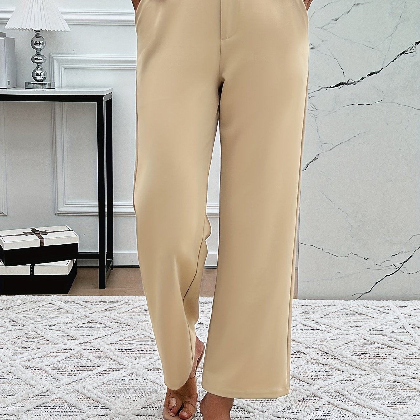 Elegant Solid Color Straight-Leg Pants for Women - High Waist, Stretchy Polyester Blend, Machine Washable - Perfect for Spring & Fall