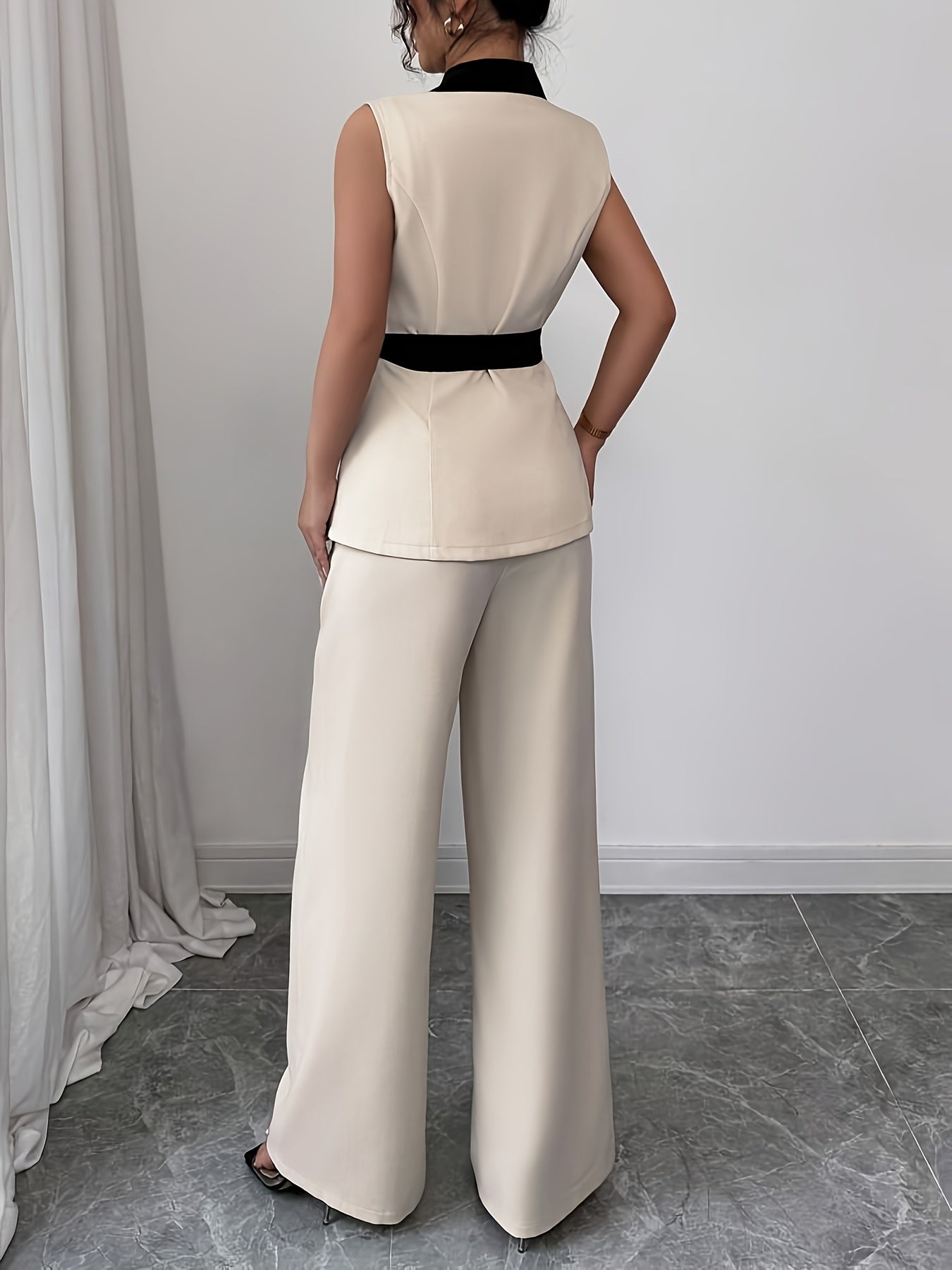Elegant Sleeveless Blazer & Wide-Leg Pants Set for Women - Chic Black & White Two-Tone with Bow Tie Waist, Perfect for Office or Casual Outfits, Office Attire|Sleek Formal Attire|Polyester Fabric