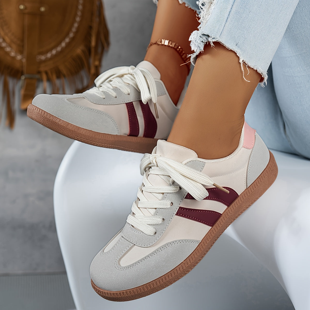 Women's Casual Low-Top Sneakers - Trendy Color Block Design, Light Gray with Navy Blue & Red Stripes, Comfortable Lace-Up Shoes for Casual Attire, Retro Style, Faux Cover Upper, PVC Sole, EVA Insole, Perfect for Spring and Fa