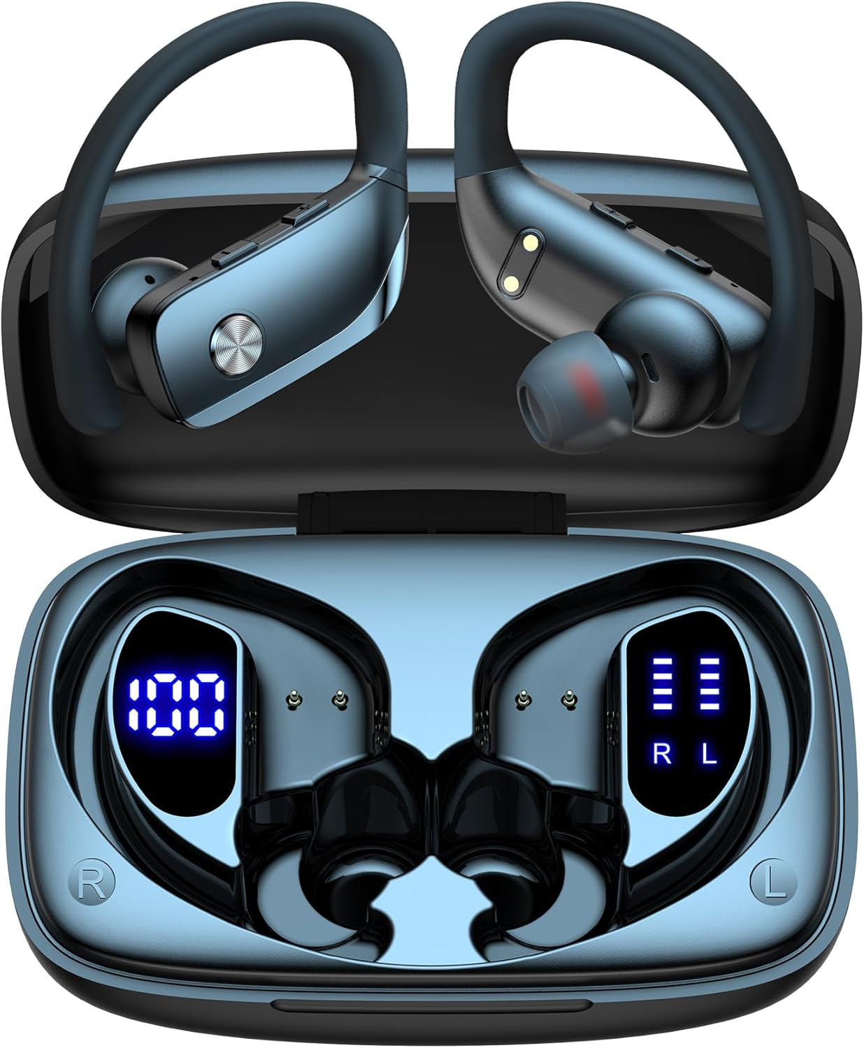 Bmani Wireless Earbuds Bluetooth Headphones 48Hrs Play Back Sport Earphones with LED Display Over-Ear Buds with Earhooks Built-In Mic Headset for Workout Black