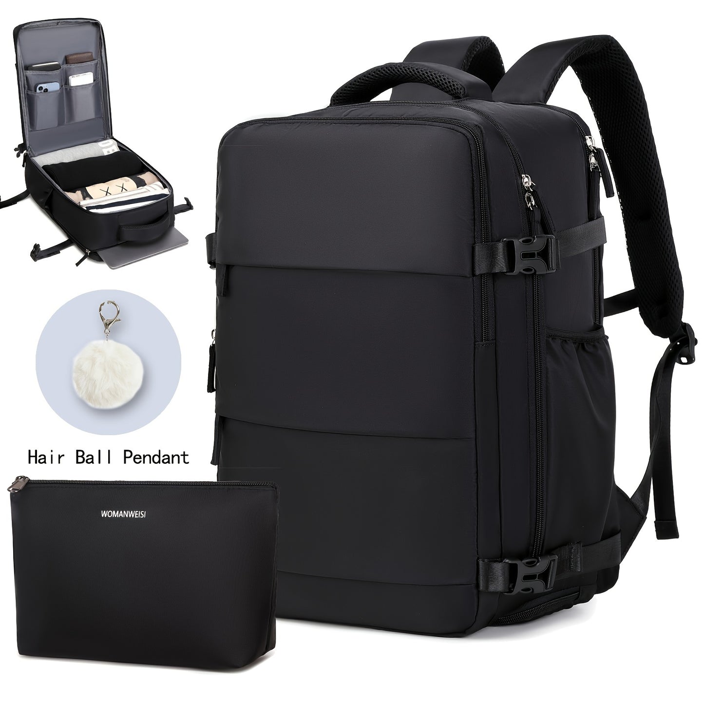 Airline-Approved 38.1cm Laptop Travel Backpack for Women, Light Blue Polyester with Adjustable Straps, Shoe Compartment & USB Charging Port - Ideal for School & Work Trips, Laptop Bag