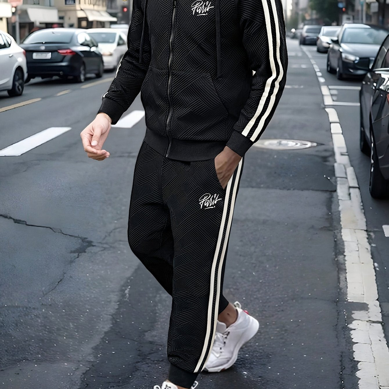 Men's Spring & Fall Jacquard Embroidered Striped Tracksuit Set - 2pcs Zip-Up Hoodie & Pants for Daily Wear, Sports & Outdoor Trips