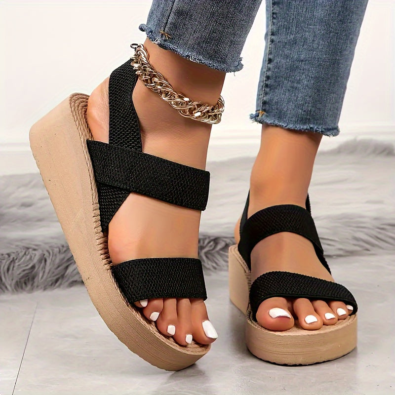 Women's Casual Wedge Sandals, Lightweight Open Toe Elastic Band Slip On Shoes, Summer Outdoor Beach Sandals