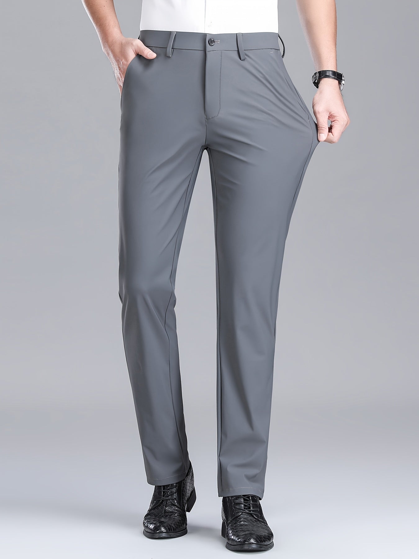 Men'S Navy Blue Straight Leg Dress Pants - Casual Style, Polyester Fabric with Slight Stretch, Mid Waist, Button Closure, No Belt, Regular Fit, Outdoor & Office Wear, Office Attire|Straight Leg Pants|Polyester Fabric