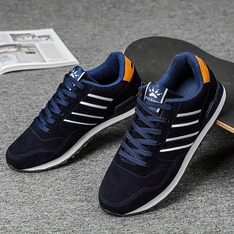 Men's Breathable Mesh Running Shoes - Versatile Korean Style Casual Sneakers with Striped Design, Durable Non-Slip Rubber Sole for Outdoor Activities, Daily Wear & Exercise - Light Gray with Blue Accents, Lace-Up Closure