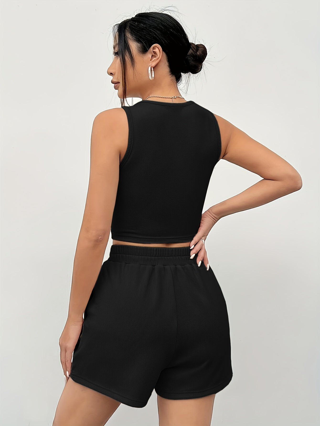 All-Season Chic, Elegant Women's Knit Tank Top and Shorts Set, Solid Color Polyester with Elastane, Machine Washable