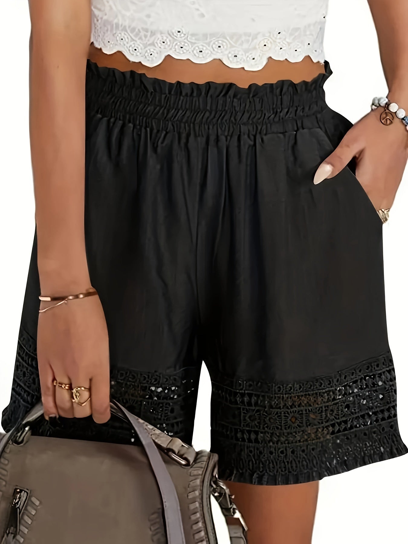 Solid Tassel Hem Loose Shorts, Vacation Paper Bag Waist Summer Shorts, Women's Clothing
