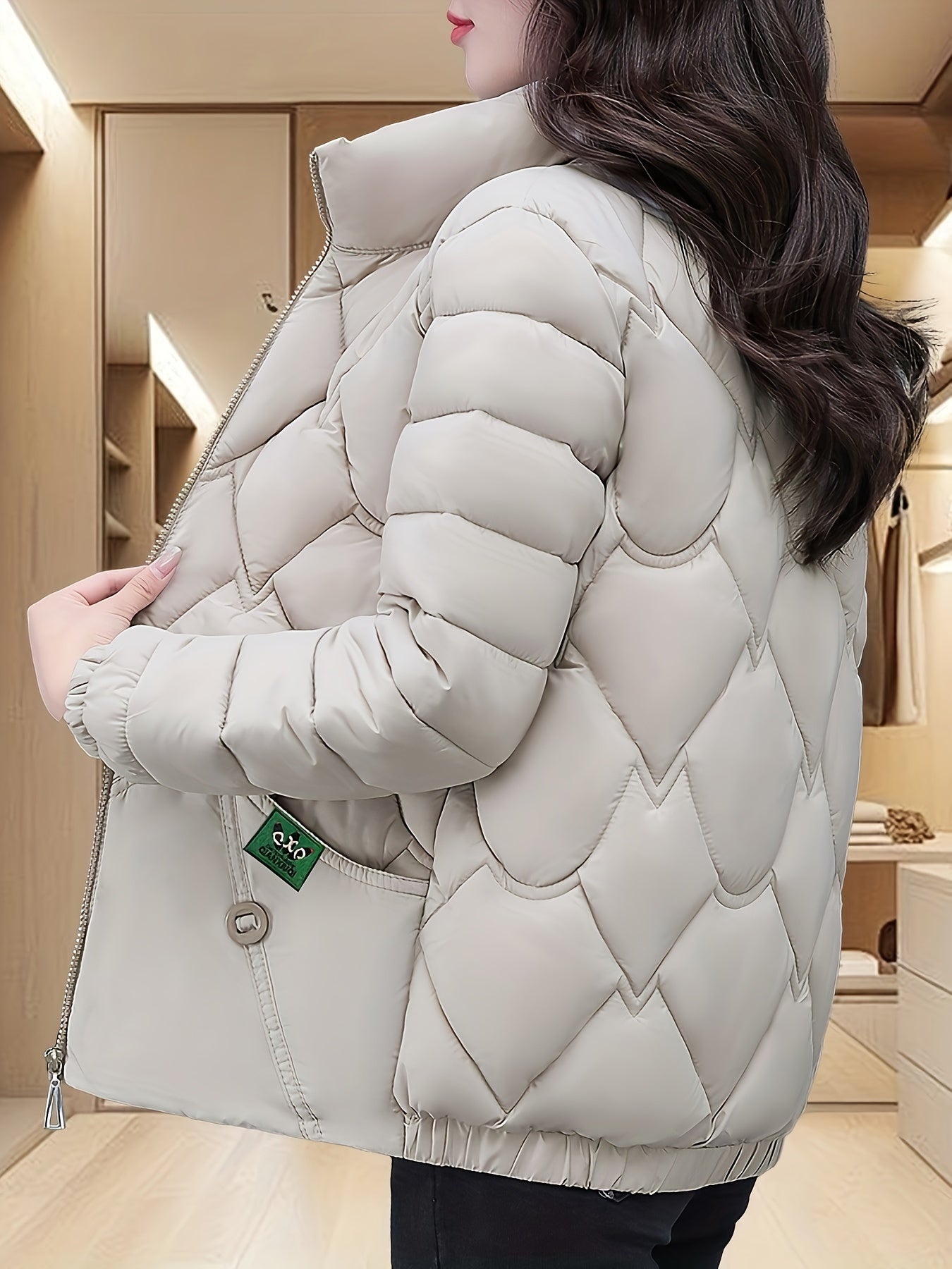 Women'S Embroidered Quilted Jacket, Casual Long Sleeve Polyester Coat, Non-Stretch H-Contoured Regular Fit, Pleated Hem, Thick Warm Winter Outerwear for Middle-Aged Moms