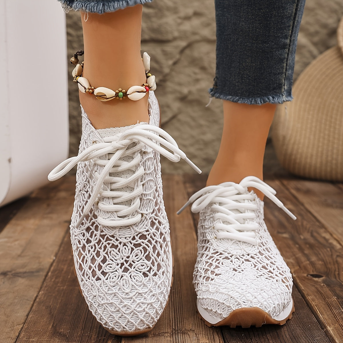 Women's Summer Solid Color Lace-Up Mesh Casual Shoes, Breathable Fabric with Rubber Sole, Net Fabric
