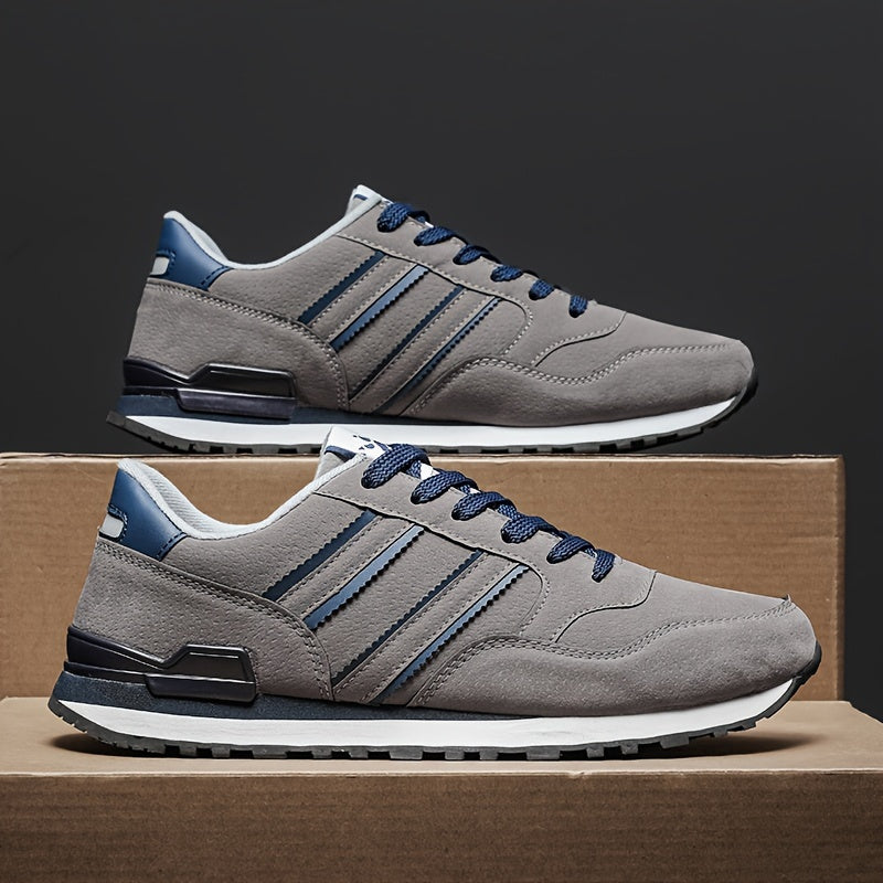 Men's Breathable Mesh Running Shoes - Versatile Korean Style Casual Sneakers with Striped Design, Durable Non-Slip Rubber Sole for Outdoor Activities, Daily Wear & Exercise - Light Gray with Blue Accents, Lace-Up Closure