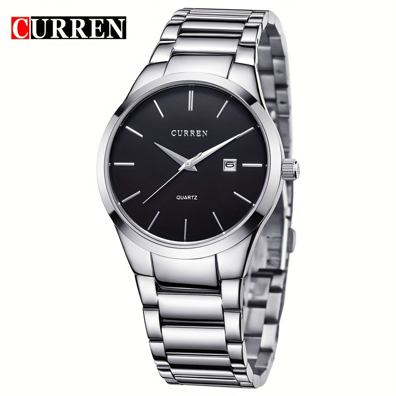 CURREN Men'S Quartz Watch, Casual Business Elegant Round Dial Stainless Steel Strap, Battery Powered Calendar Pointer Display, Aluminum Alloy Case, Non-Rechargeable Button Battery