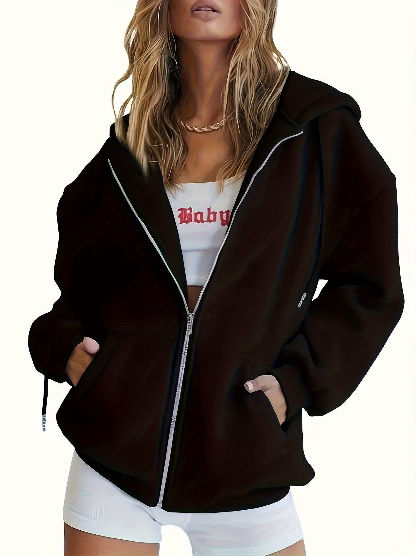 Fashion Solid Color Zipper Sports Hoodie, Women's Sweatshirt Coat, Women's Clothing
