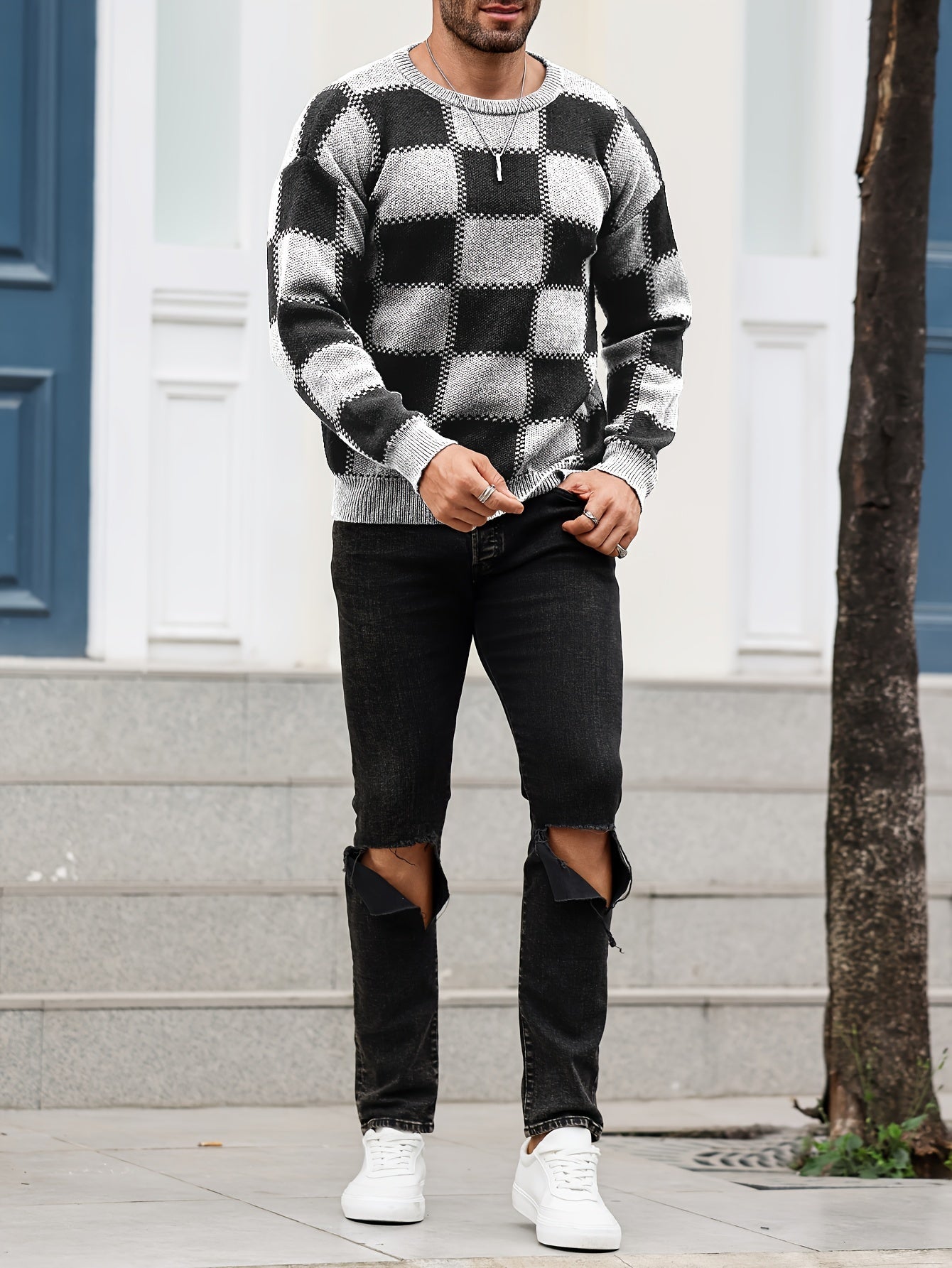 Men's Color Blocking Textured Checked Print Casual Trendy Sweater, Long Sleeve Pullover As Gift For Fall And Winter