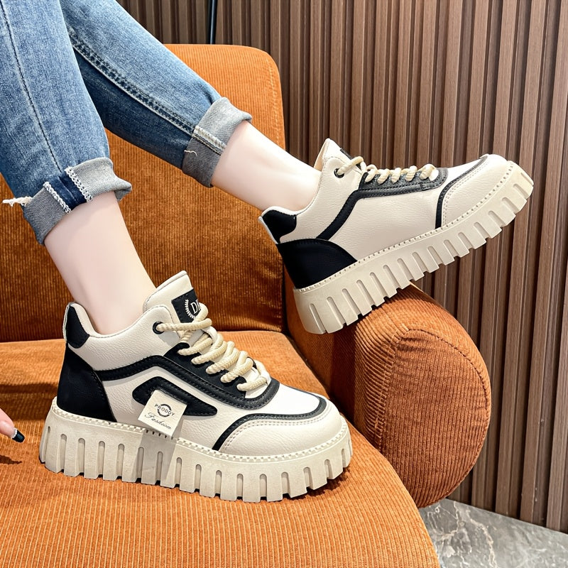 1 Pair Women'S Fashion Mid-Top Casual Sneakers, PU Upper, Fabric Lining, Rubber Sole, and EVA Insole, Lace-Up Design, with All-Season Versatile Athletic Shoes