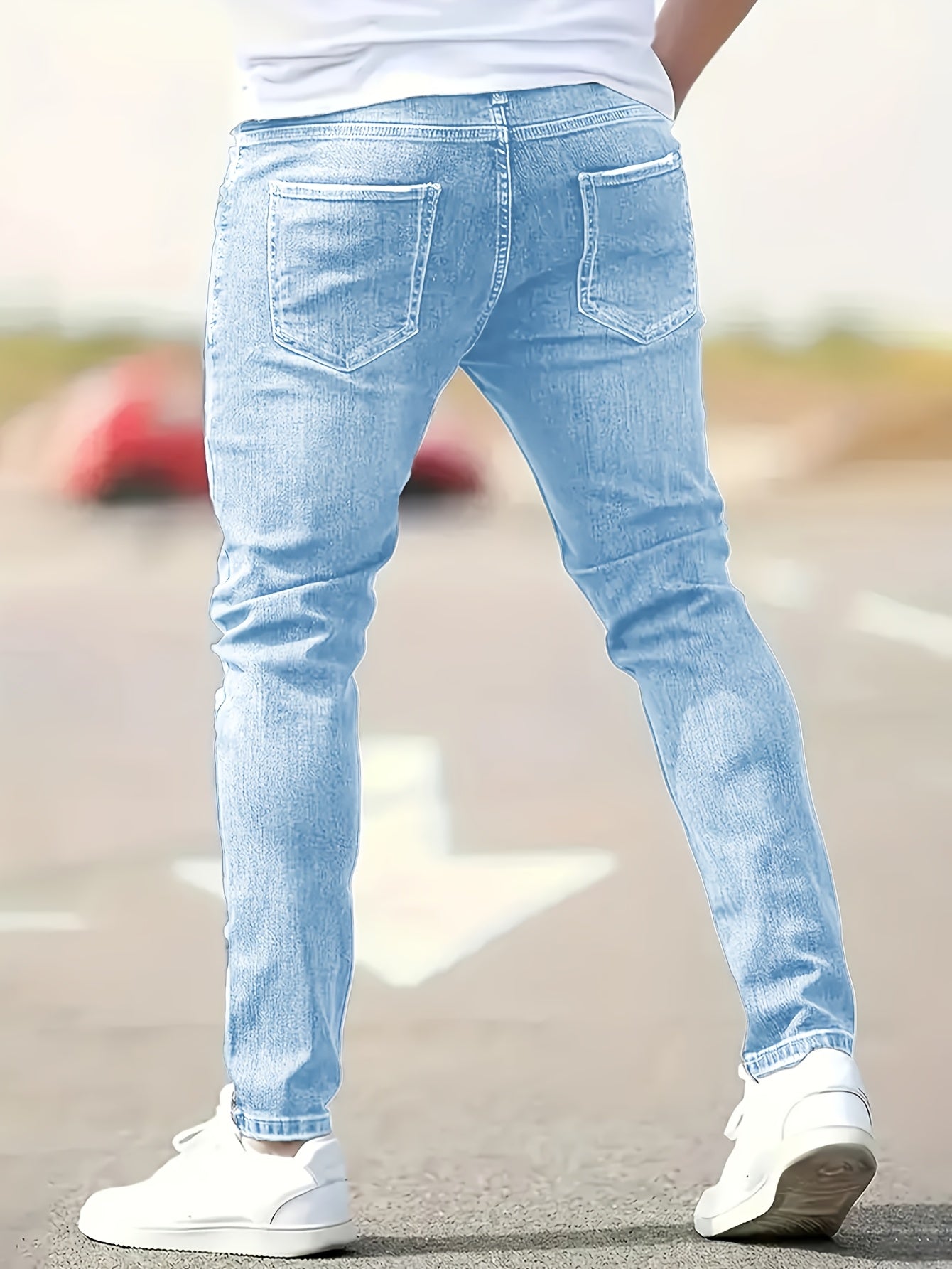 Men's Slim Fit Stretch Jeans - High Waist, Solid Color Casual Denim Pants with Ripped Detail, Machine Washable