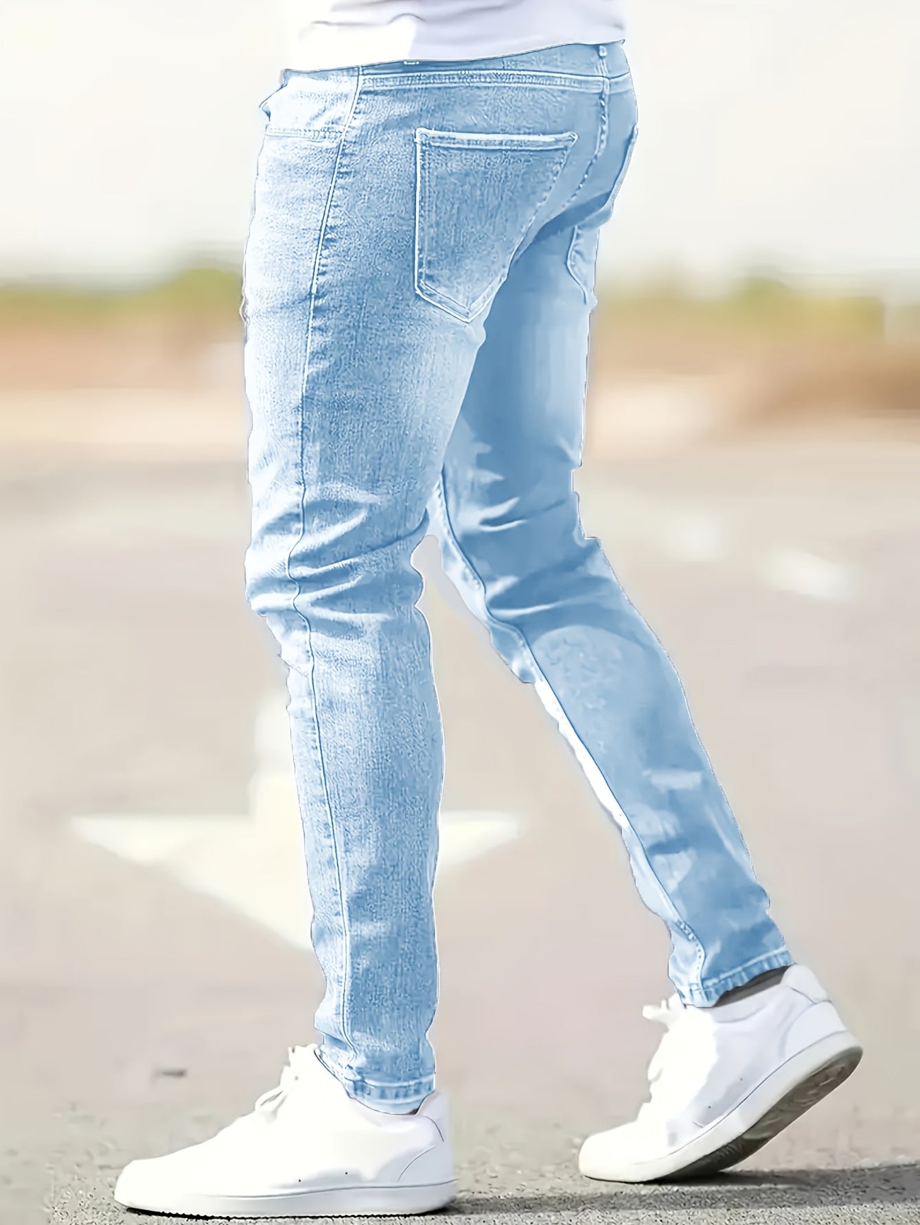 Men's Slim Fit Stretch Jeans - High Waist, Solid Color Casual Denim Pants with Ripped Detail, Machine Washable