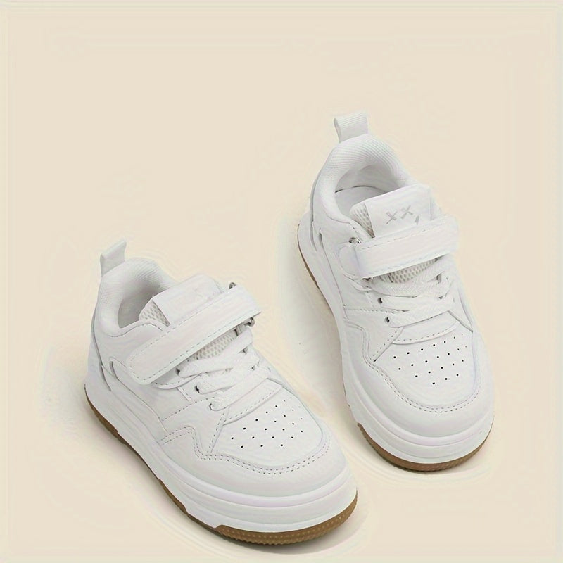 Preppy Style Solid Color Casual All-Season Low Top Sneakers for Boys and Girls with Adjustable Strap Closure, PU Upper, Fabric Lining, and Durable Rubber Sole, Perfect for Daily Wear & School Under 14 Years - White