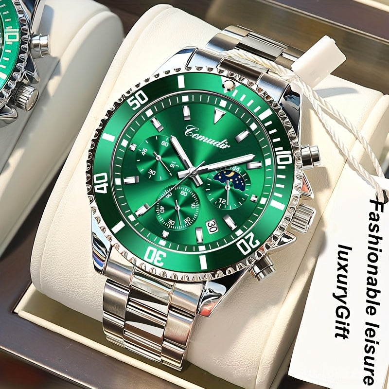 1pc New Fashion Stainless Steel Luxury Quartz Watch, High-end, Casual, Round Dial, Multi-scale, Night Light, Date Display, with Birthday, Holiday, Anniversary, for Men, Travel, Party