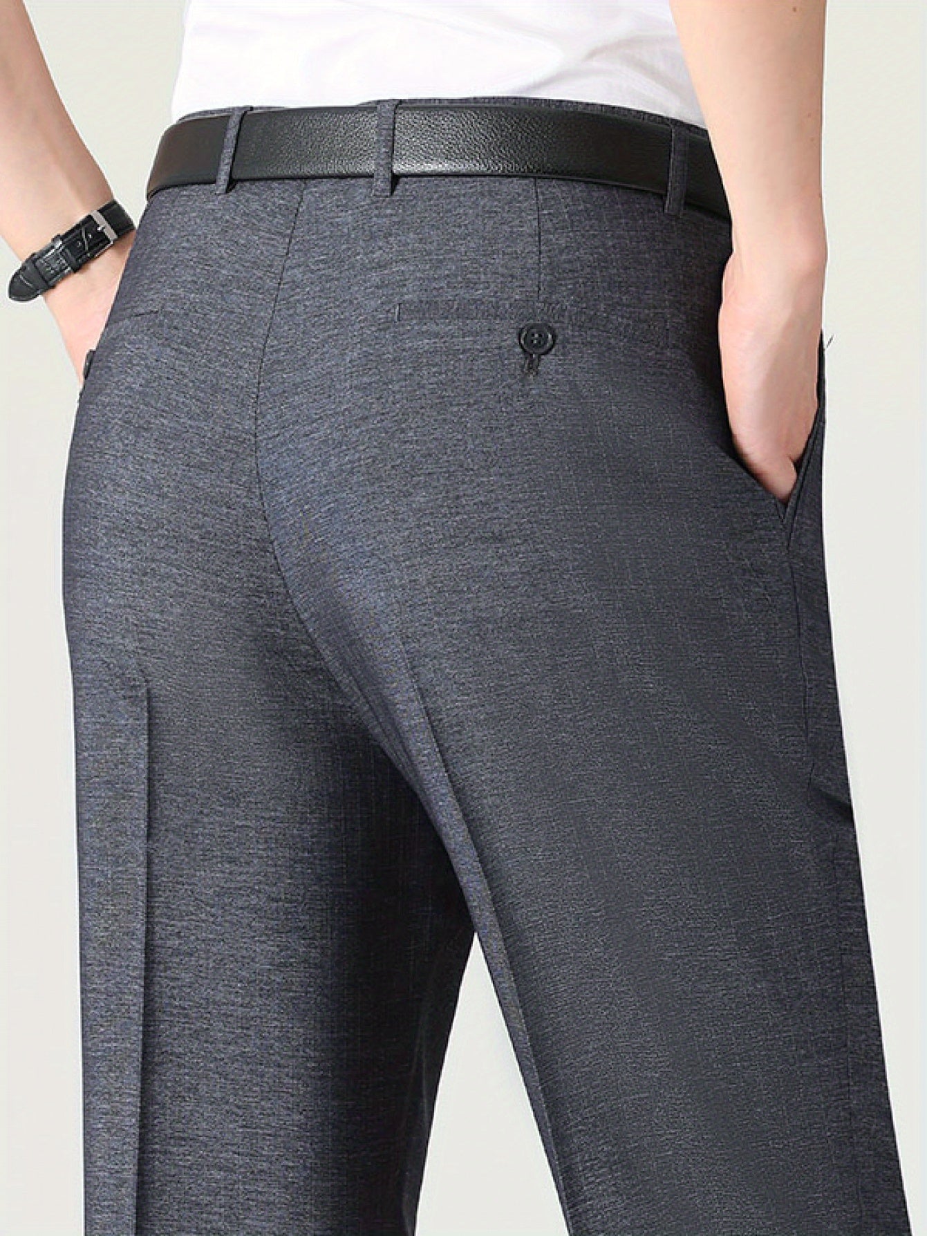 Men'S Solid Color Straight Leg Casual Business Casual Pants, Regular Length, Slight Stretch Polyester Fabric, with Pocket, for Spring/Fall
