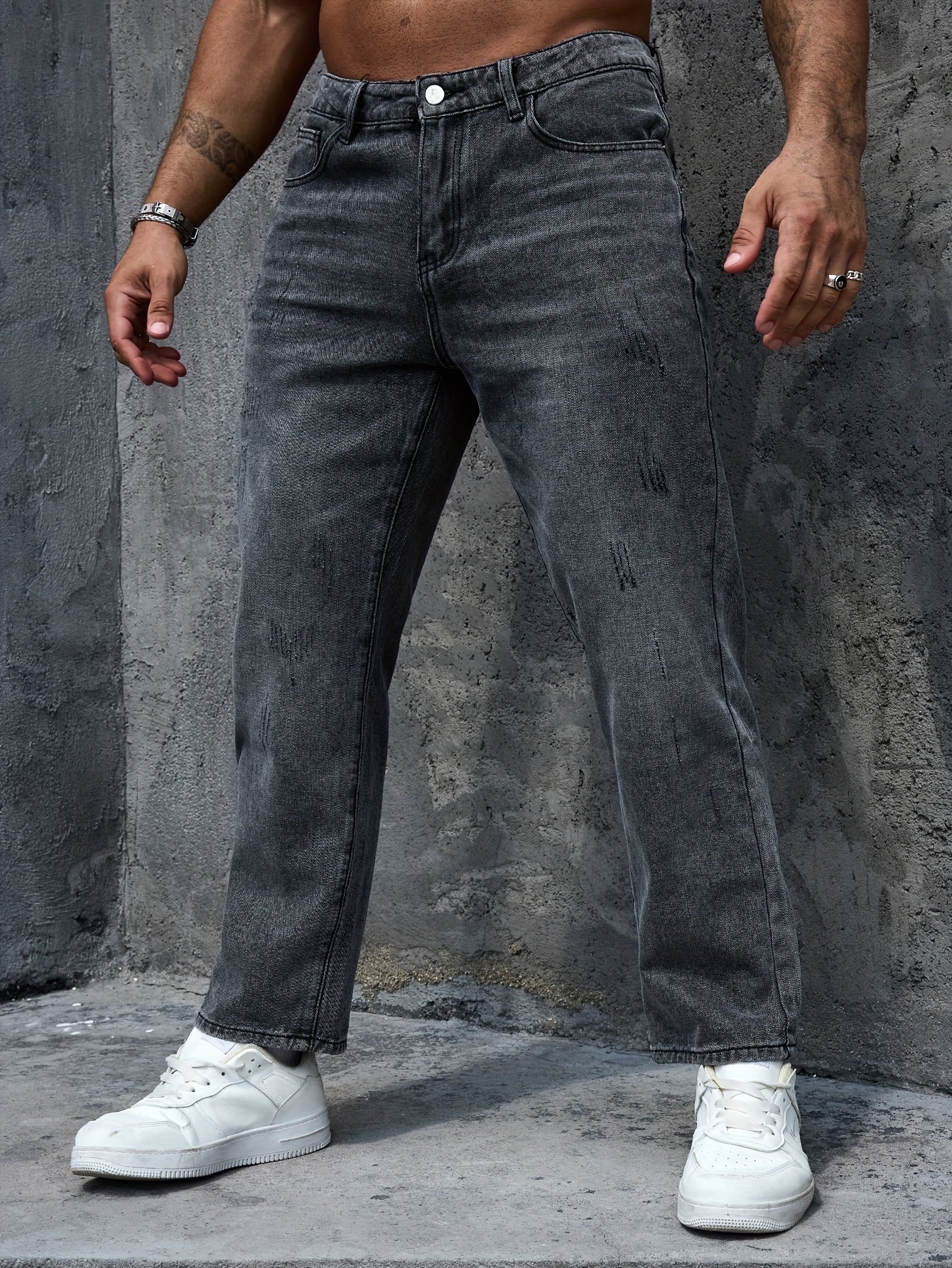 Men's Regular Fit Distressed Denim Jeans - Light Grey, Blend, Machine Washable, Year-Round Comfort & Style