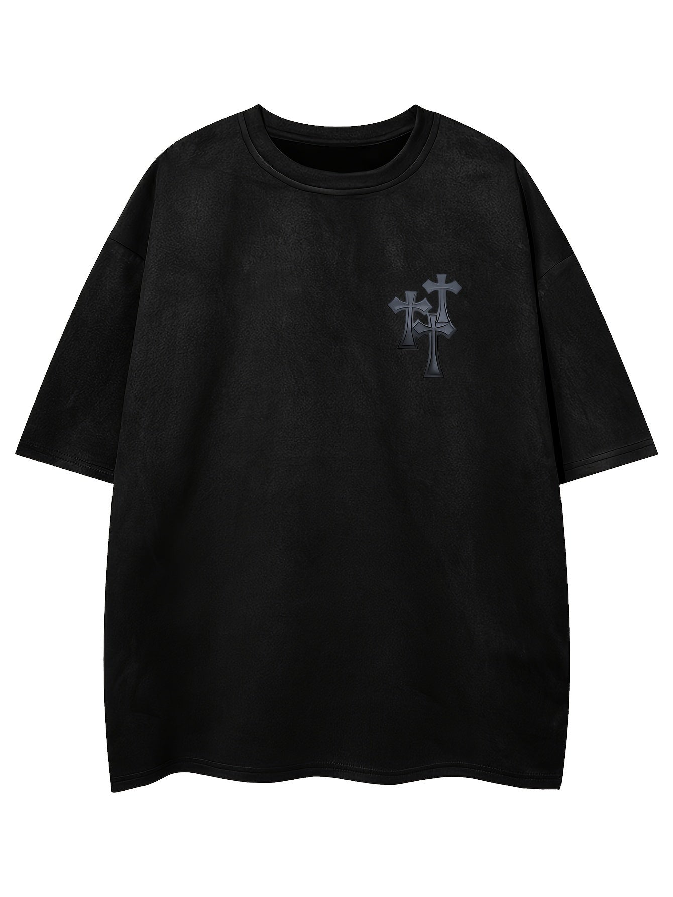 Men's Casual Black Suedette Short-Sleeve T-Shirt with Print Cross Design - Soft, Loose Fit, Round Neck, Summer Tee for Adults, Summer Casual Wear | Casual Shirt | Faux Suedette Texture