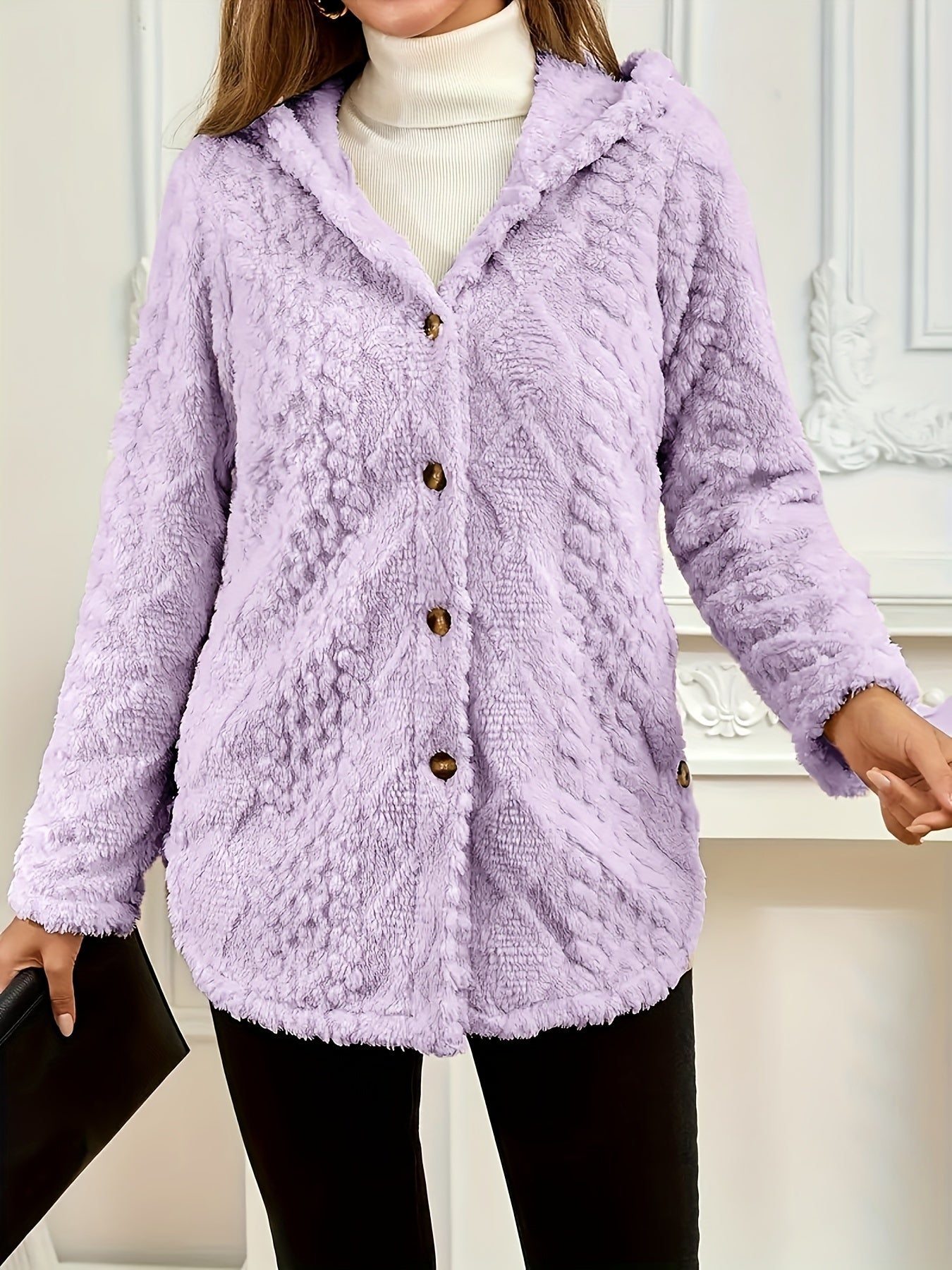 Elegant Pink Faux Fur Coat for Women - Chic Button-Front Hooded Jacket with Sleek Collar, Long Sleeves, and Ribbed Detailing - Perfect for Fall & Winter, Hand or Dry Clean Only