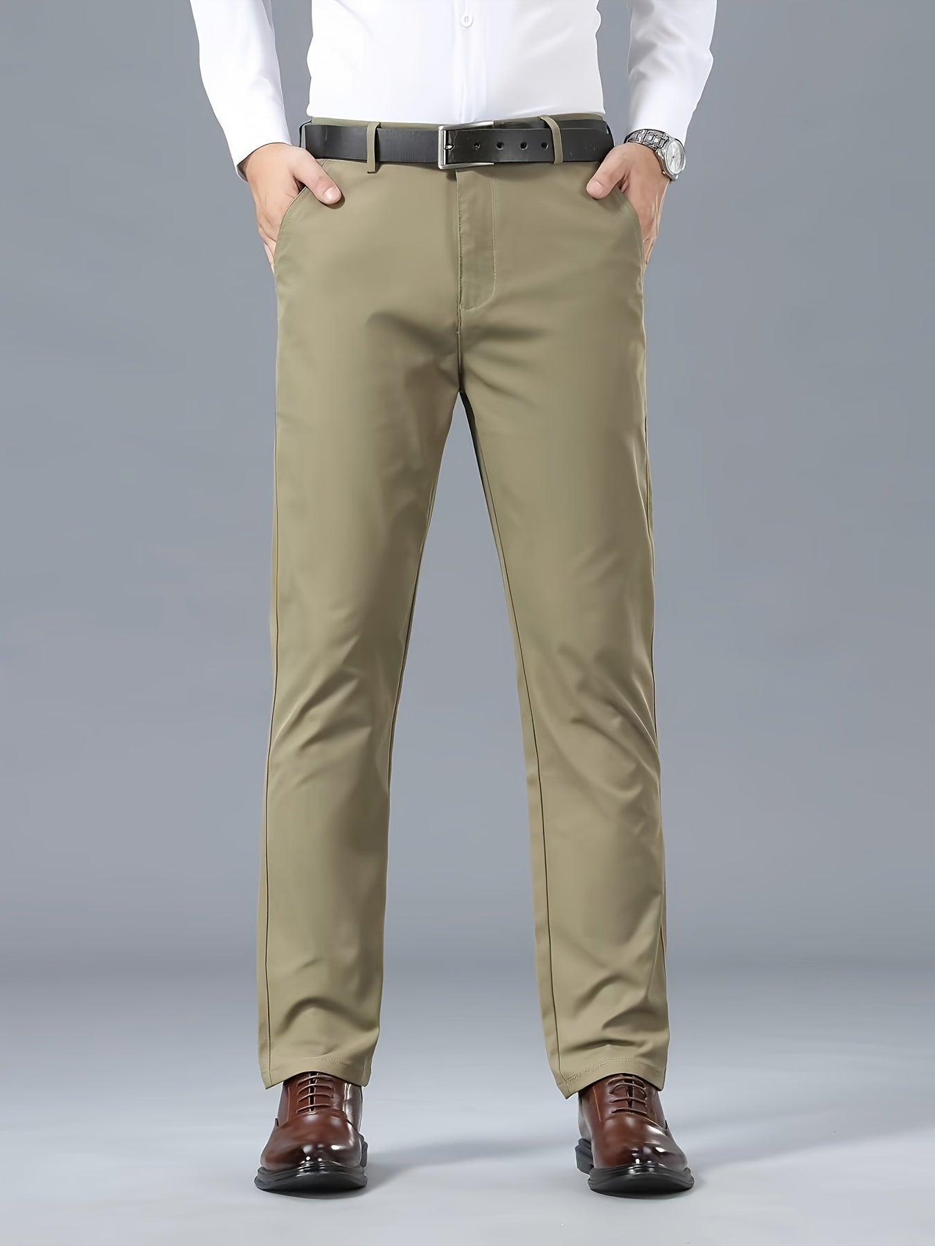 Men's Classic Business Casual Pants - Polyester, Solid Color, Regular Fit for All Seasons
