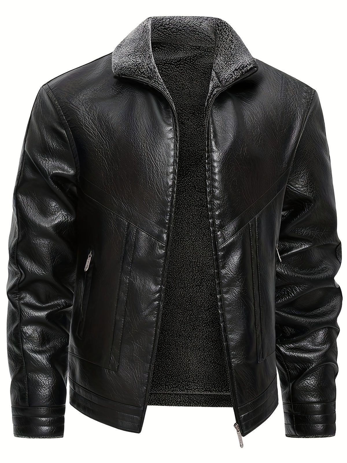 Men's Fleece-Lined PU Leather Jacket with Lapel Collar