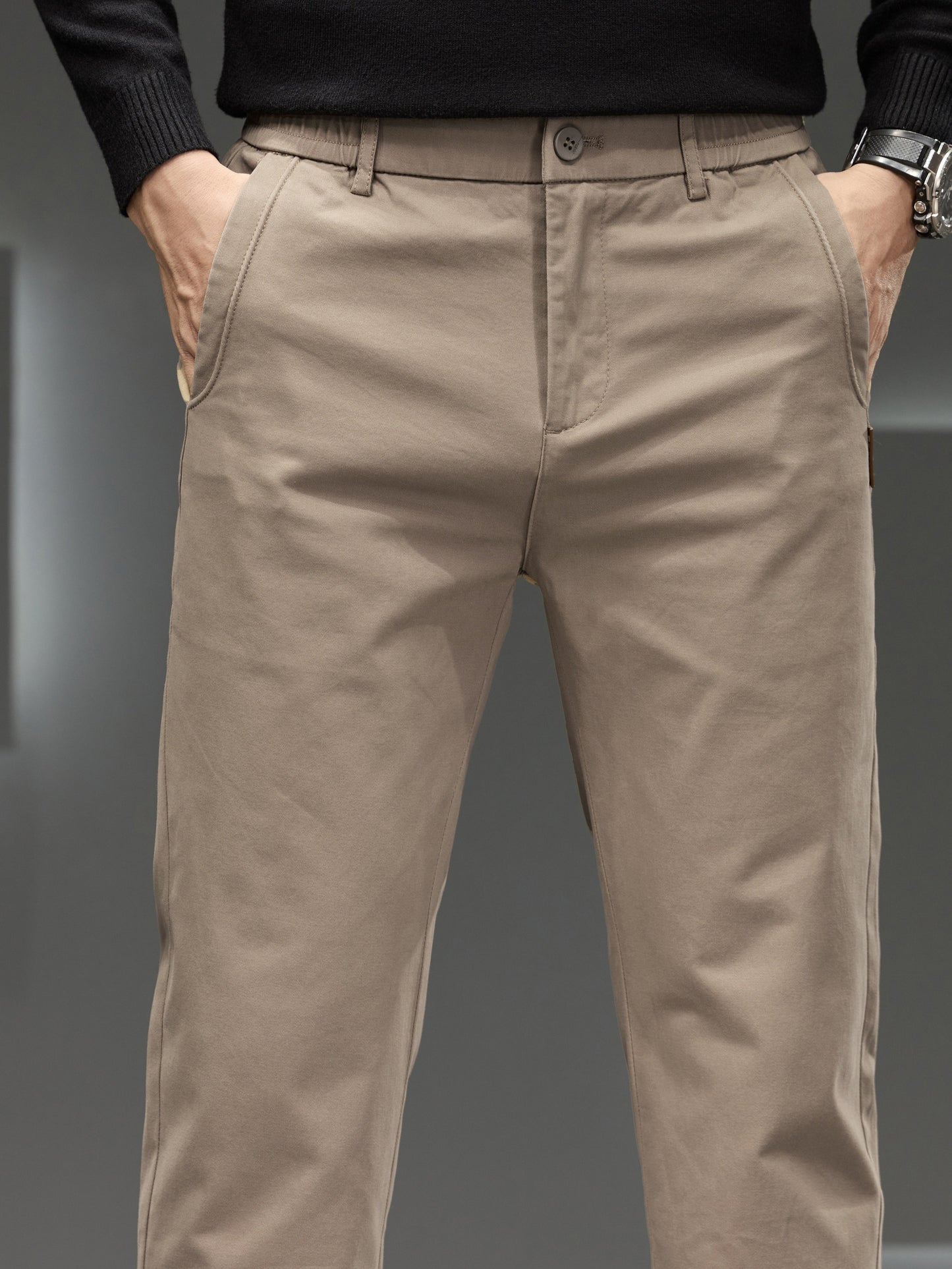 Men's Classic Business Trousers - Lightweight Polyester Straight-Leg Pants For Spring/Fall - Button Details - Non-Elastic Fabric - Solid Color - Regular Fit