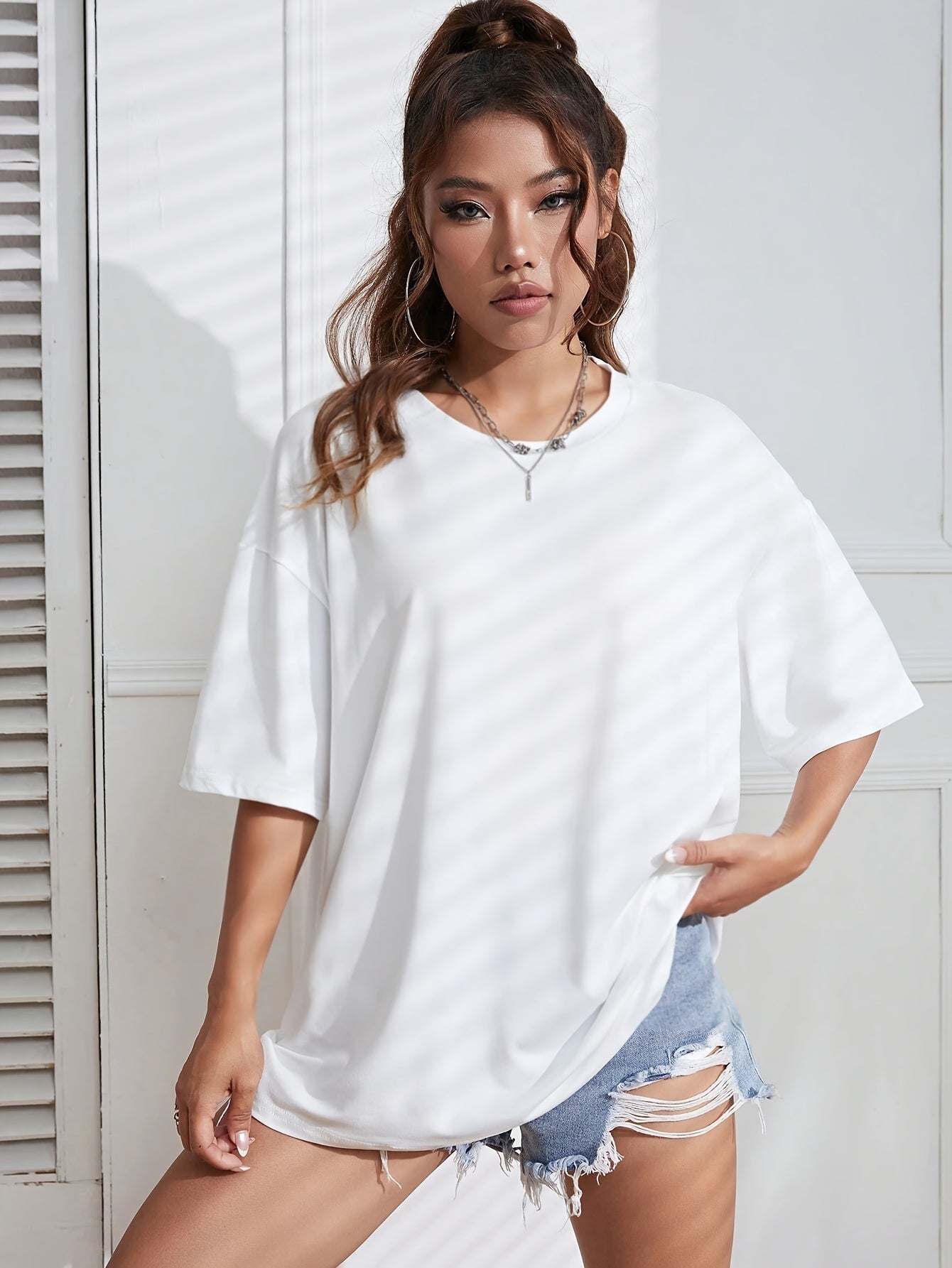 Y2K Retro American Casual Crew պարանոցի վերնաշապիկ, 100% պոլիեսթեր տրիկոտաժե գործվածք, միաձույլ գույն, ուսերի երկարաթև, միջին ձգվող պուլովեր գարուն/ամառ/աշուն.
