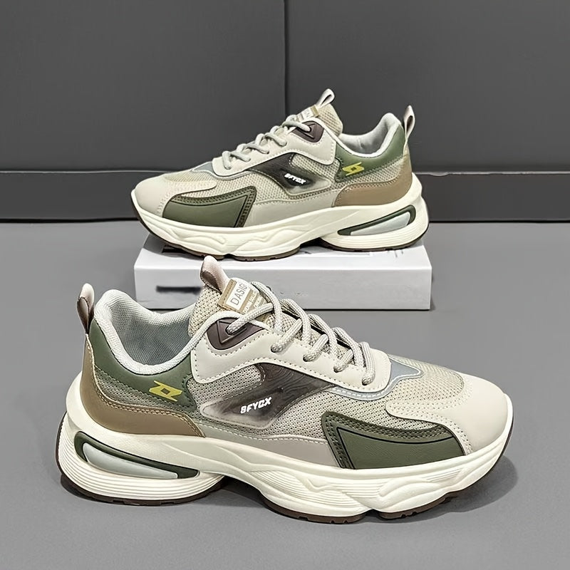 Men'S Casual Sports Shoes - Thick-Soled Lace-Up Sneakers with Synthetic Upper, Cushioned EVA Insole PVC Sole for Outdoor Hiking, Running, Gym - All-Season Comfort in Beige/Black, Brown/White, Green/White, Versatile Trainers