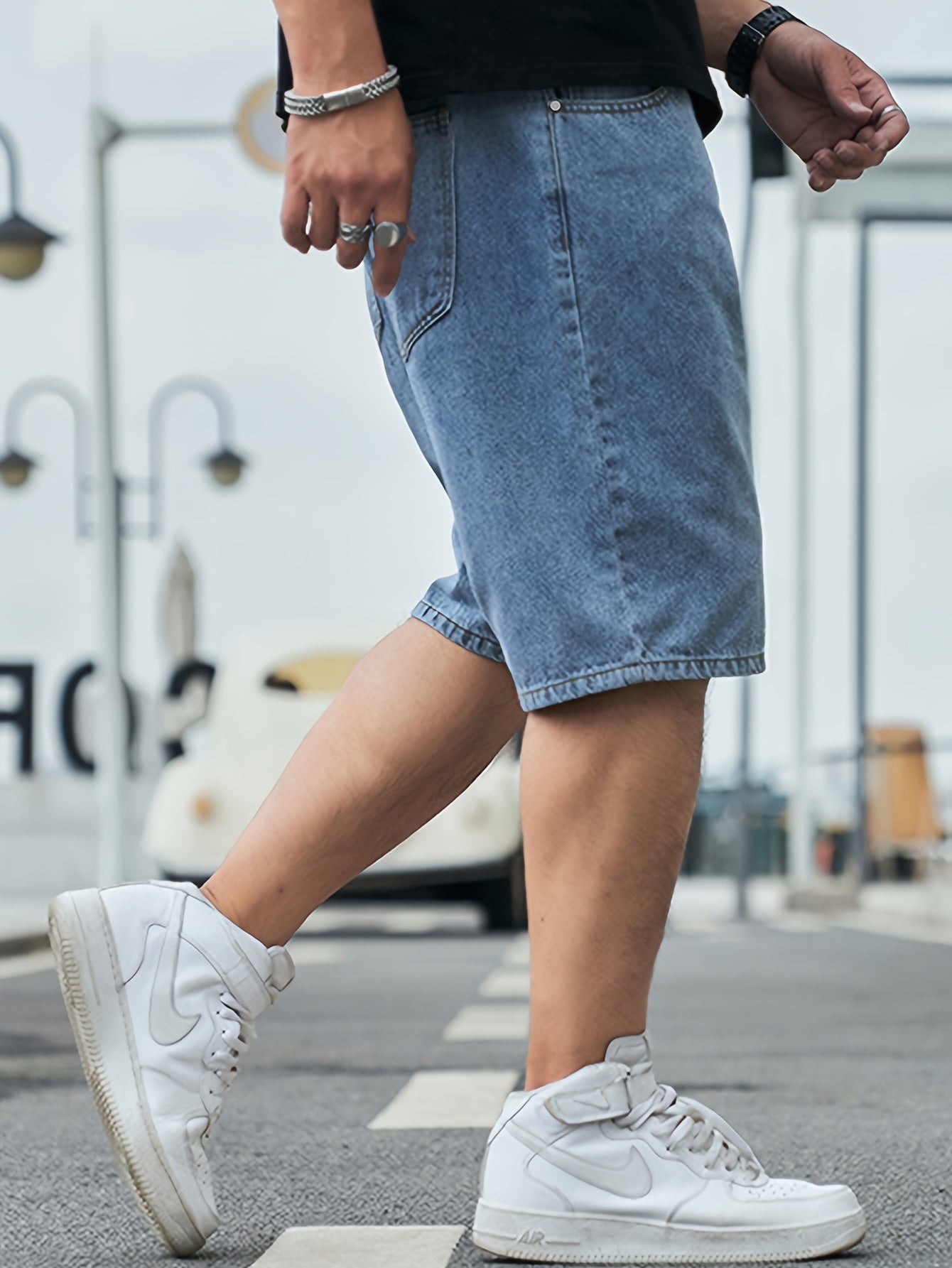 Men's Solid Cotton Blend Loose Fit Denim Jorts, Chic Street Style Summer Bottoms For Men