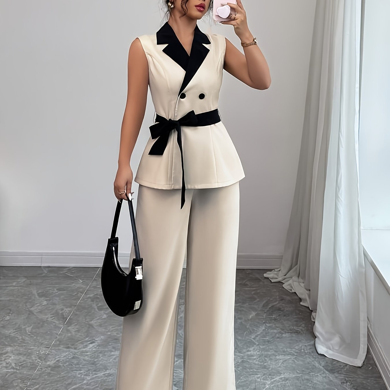 Elegant Sleeveless Blazer & Wide-Leg Pants Set for Women - Chic Black & White Two-Tone with Bow Tie Waist, Perfect for Office or Casual Outfits, Office Attire|Sleek Formal Attire|Polyester Fabric