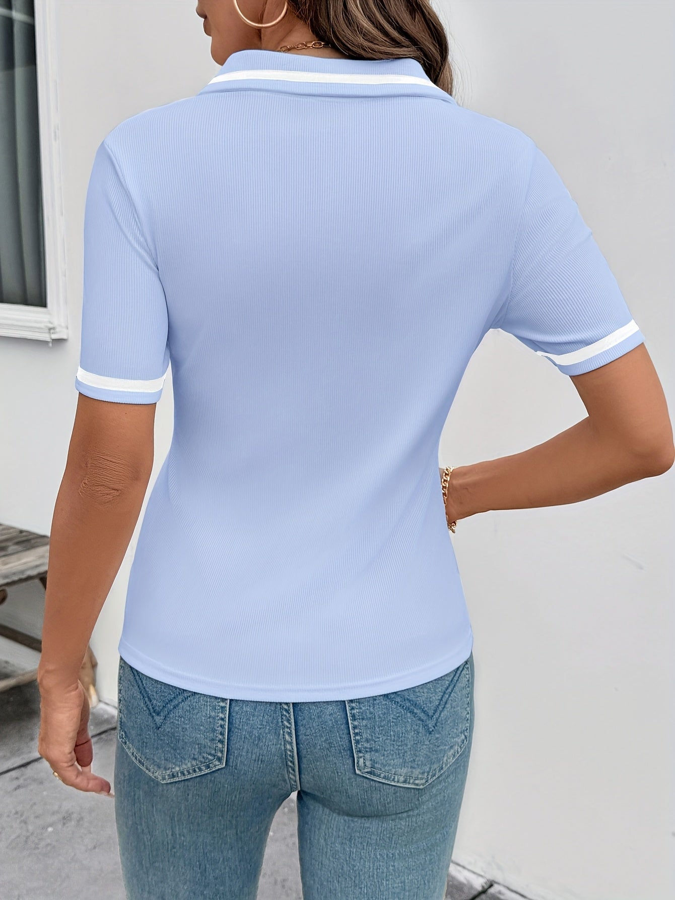 Women's Elegant Black Shirt with White Collar & Cuff Detail - Short Sleeve, Zippered, Stretchy Polyester-Spandex Blend, Machine Washable, Perfect for Casual or Professional Outfits