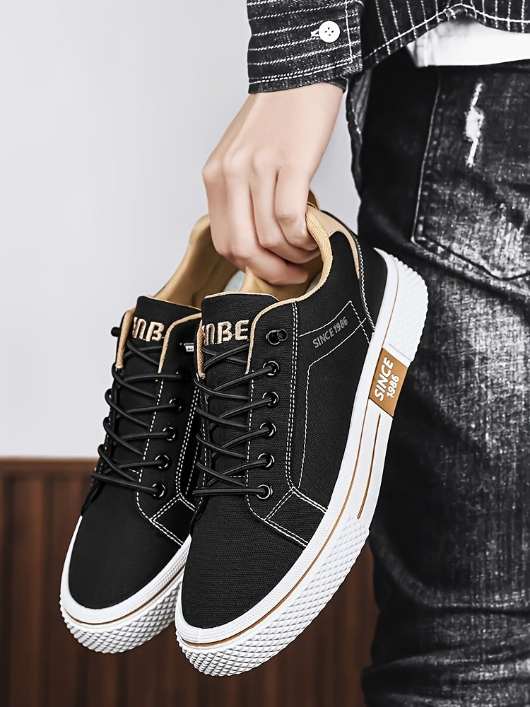 Men's Casual Low-Top Sneakers - Breathable Fabric Durable PVC Sole, Black Beige Contrast Design, Lace-Up Round Toe for All-Season Comfort, Versatile for Casual Semi-Formal Wear, Comfortable Footwear, Fabric Upper