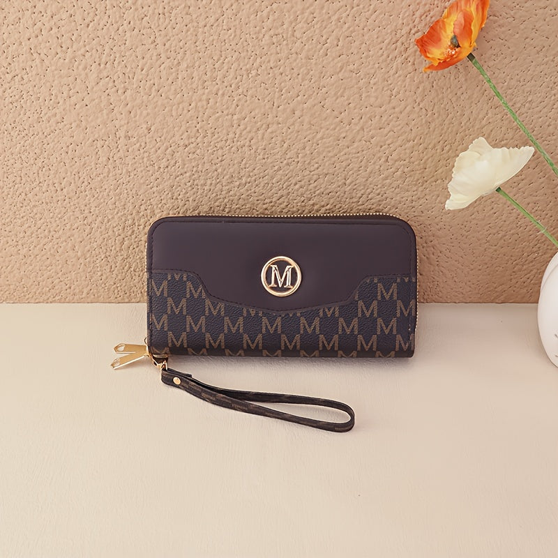 Women'S Elegant Patchwork Wallet & Wristlet Clutch - Large Capacity Double-Zip Coin Purse with Golden-Tone M-Logo, Golden-Tone Hardware & Wrist Strap