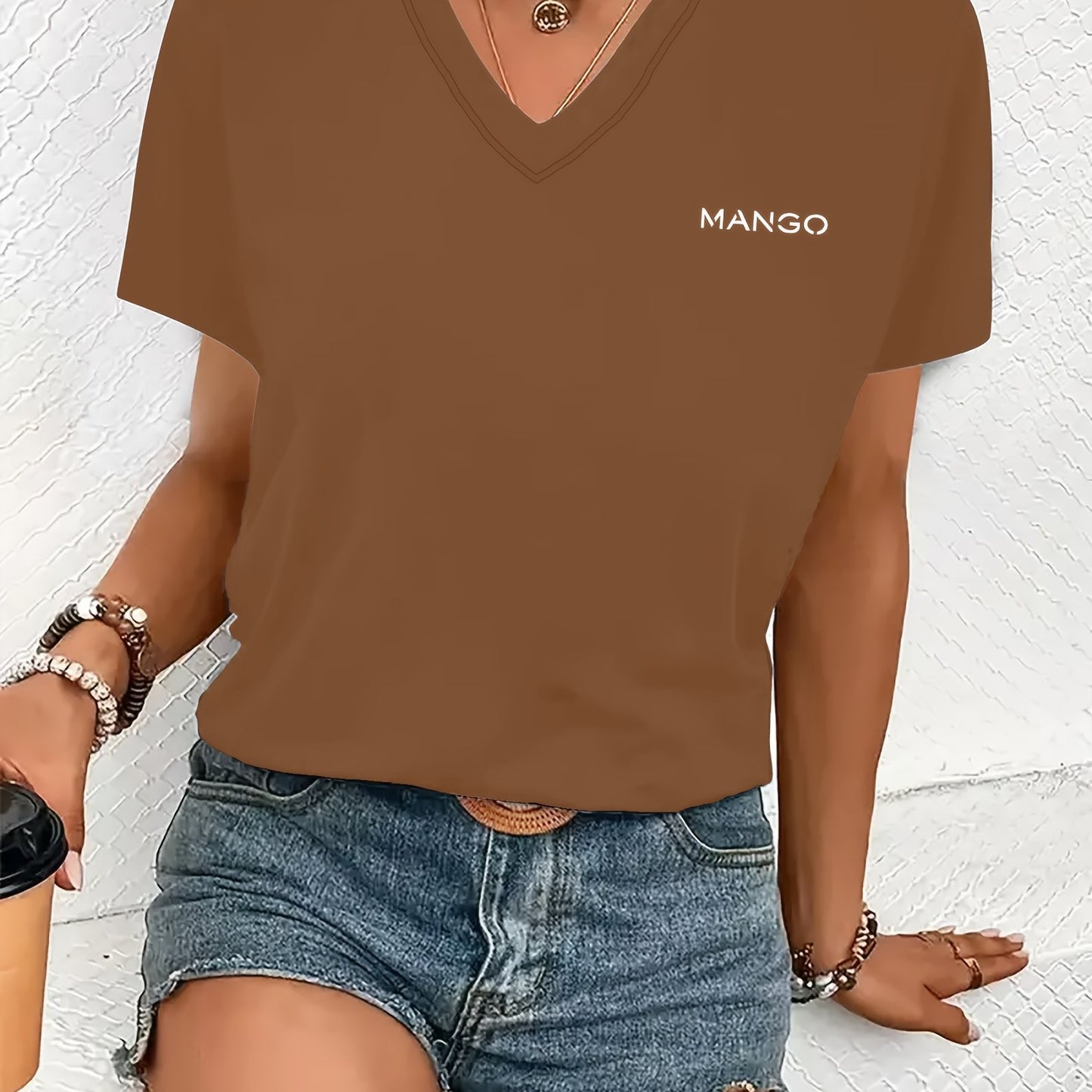 Women'S Y2K V-Neck Short Sleeve T-Shirt - Casual & Comfortable Geometric Pattern, Regular Fit All-Season Top for Casual Attire, Everyday Tshirt | Y2K Fashion | Comfortable Fit