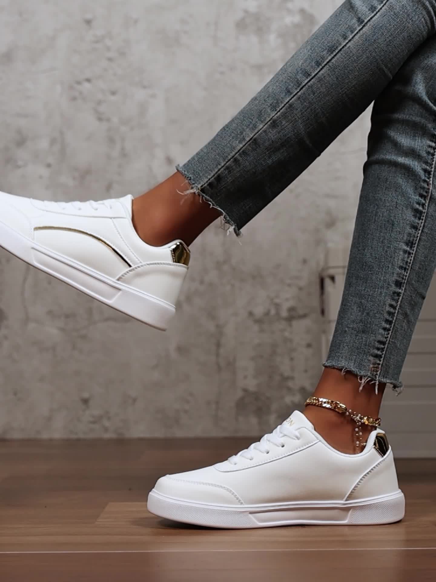Women'S Fashion Sneakers - Casual Lace-Up Platform Shoes with Golden Accents, Lightweight and Versatile, All-Season Comfort, White with Sequin Details, Casual Footwear | Platform Sneakers | Microfiber Upper