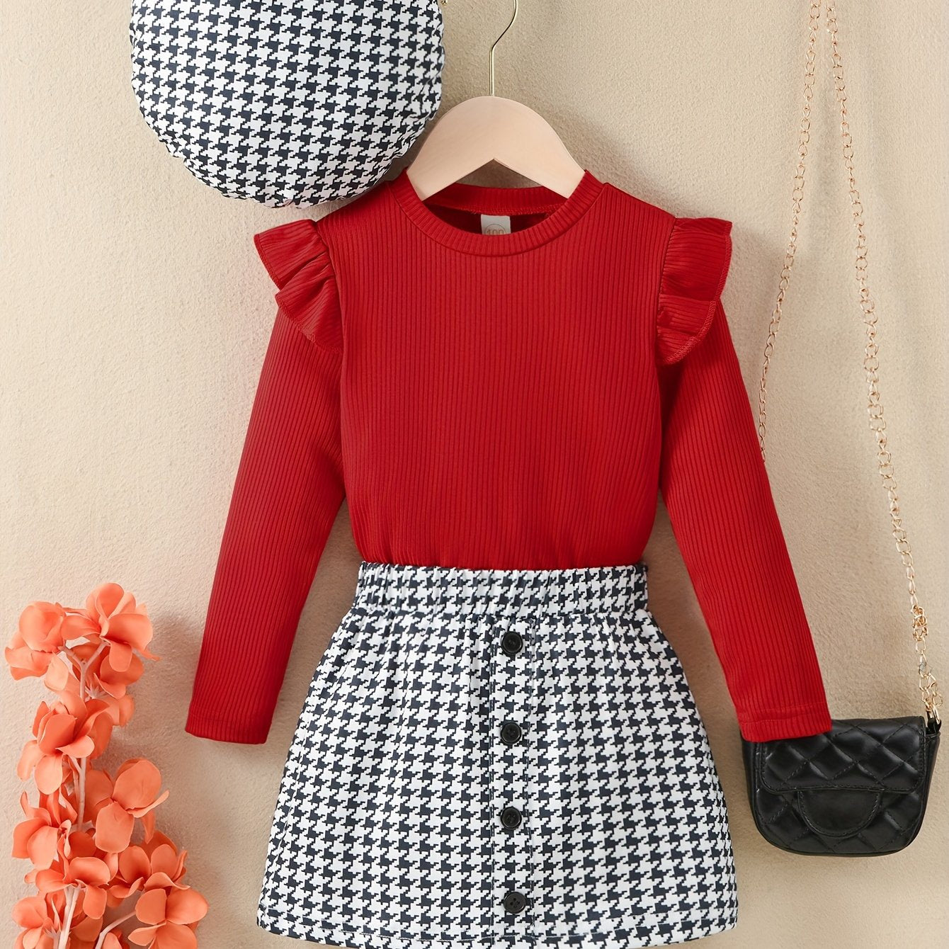 Youngsters Girls Ruffle Tee & Houndstooth պրինտ կիսաշրջազգեստ և գլխարկ