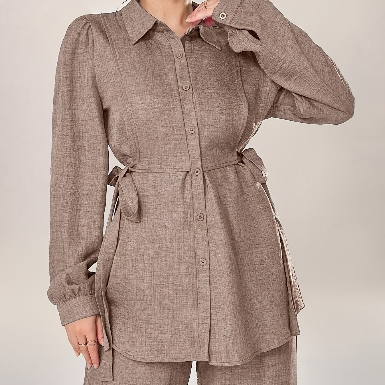 Women's Two-Piece Set with Front Buckle Long Sleeve Casual Top and Trousers