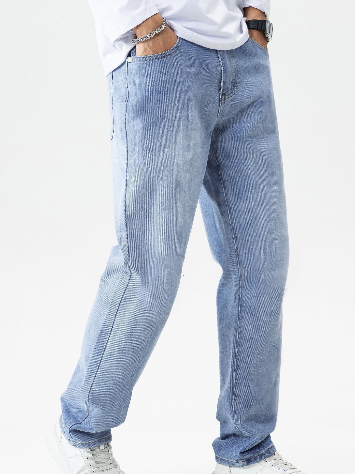 Men's Solid Denim Pants With Pockets, Stylish Cotton Blend Jeans For Outdoor Activities