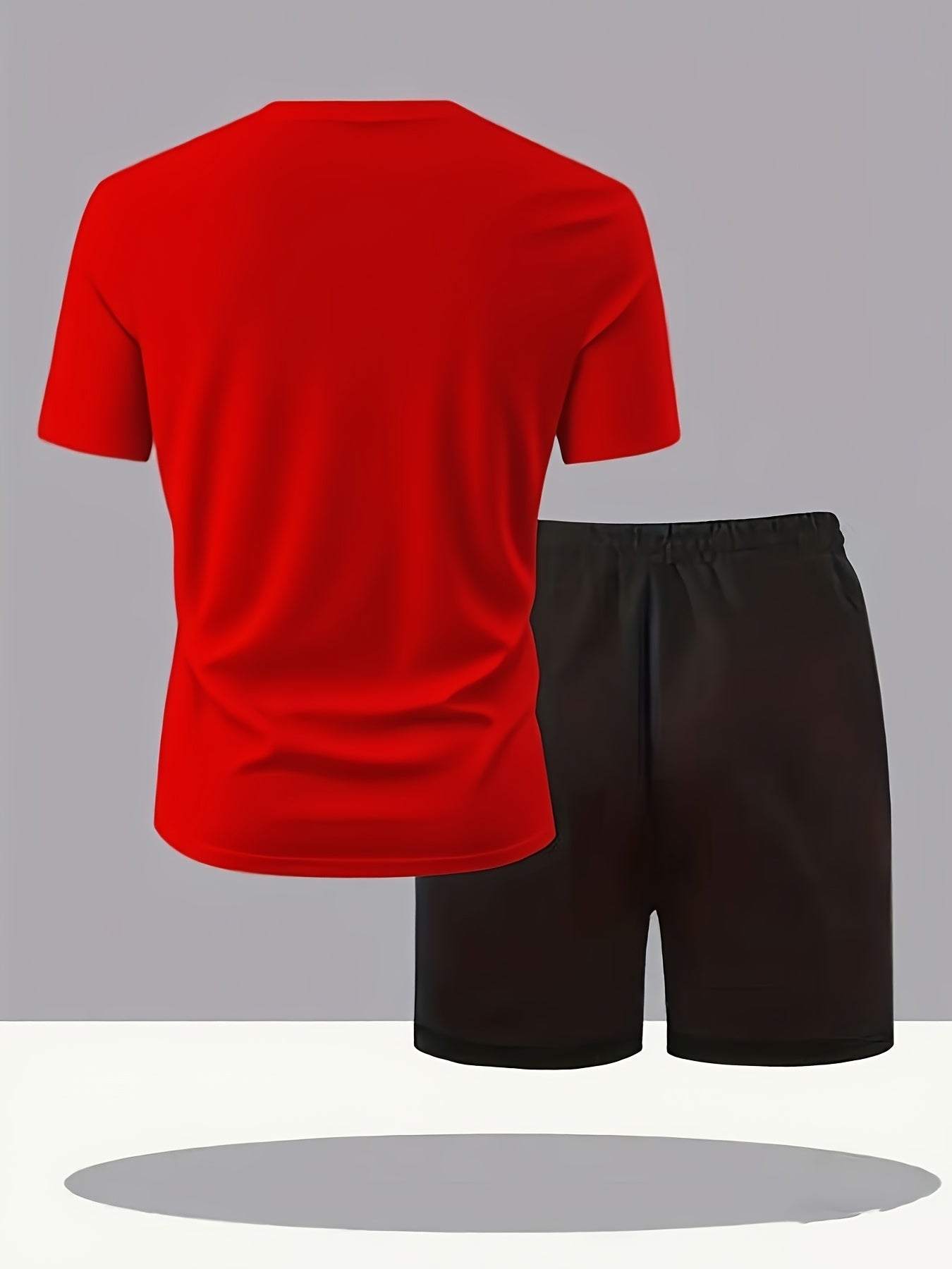 Summer Men'S Casual Sports Short Sleeve T-Shirt and Shorts Set, Knitted Polyester Fabric, Comfortable Breathable, Bench. Letter Print Design - 2pcs
