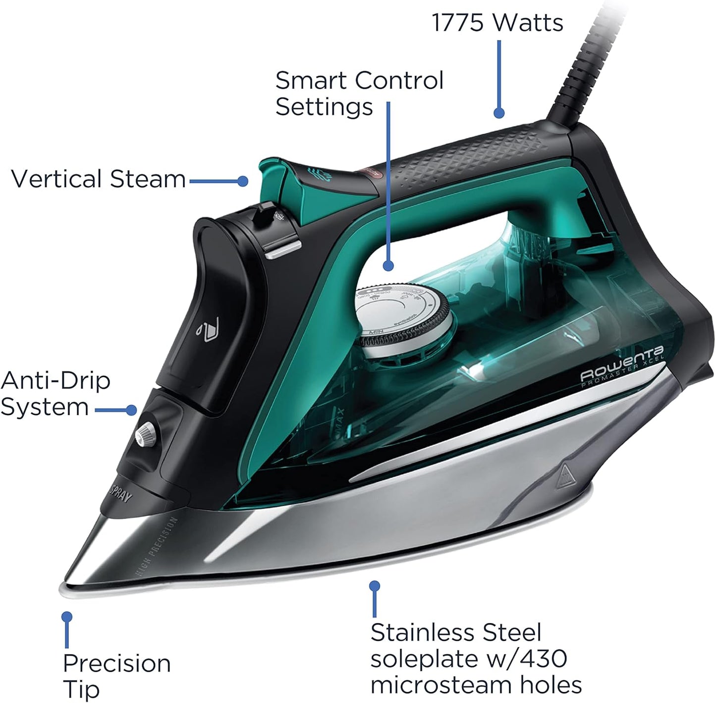 Rowenta, Iron, Pro Master Stainless Steel Soleplate Steam Iron for Clothes, 210 G/Min, 400 Microsteam Holes, 1775 Watts, Auto-Off, Ironing, Green Clothes Iron, DW8360